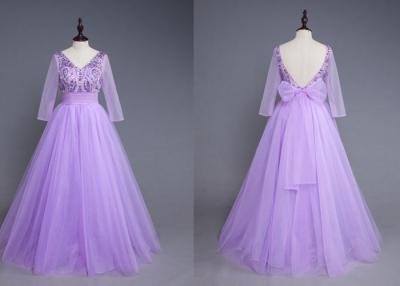 China Violet Tulle Prom Evening Gowns With Long Sleeve Low Cut Back Designs for sale