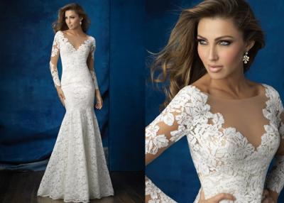 China Mermaid Long Sleeved Sheath Wedding Dress , Appliques V Neck Sheath Wedding Gown for sale