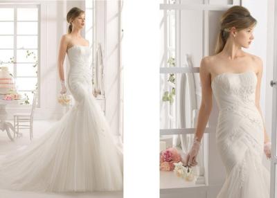 China Back Tulle Cathedral Train Wedding Dresses Sweetheart Appliqued Pleated Button for sale