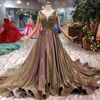 China Golden sequined V-collar evening gown for sale