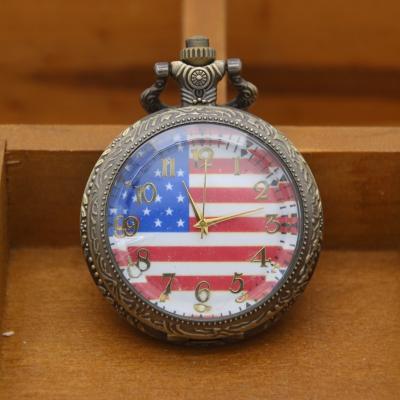 China Retro Antique Bronze USA Flag Dial Pocket Watch Birthday Gift Pocket Watch for sale