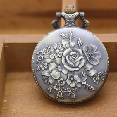 China Antique Antique Bronze Rose Pocket Watch For Women Gift Pocket Watch With Chain for sale