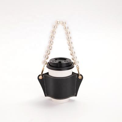 China CLASSIC Luxury Leather Cup Sleeve With Strong Bead Chain Coffee Cup Holder Mug Cover for sale