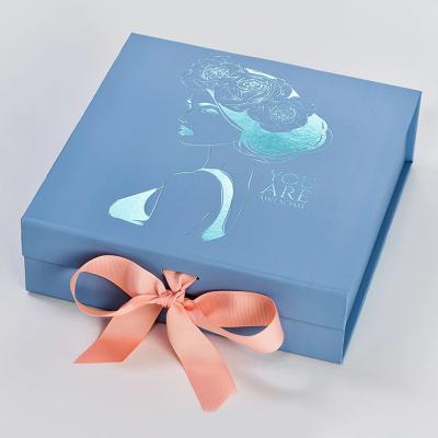 China Recyclable Custom Logo Foldable Magnet Cardboard Packaging Rigid Paper Gift Present Box With Ribbon for sale