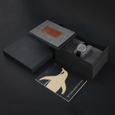 China Luxury Black Lid And Logo Custom Paper Base Watch Rigid Paper Packaging Gift Box for sale