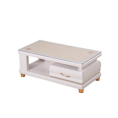 China Beautiful modern simple style white living room glass top coffee table with drawers for items for sale