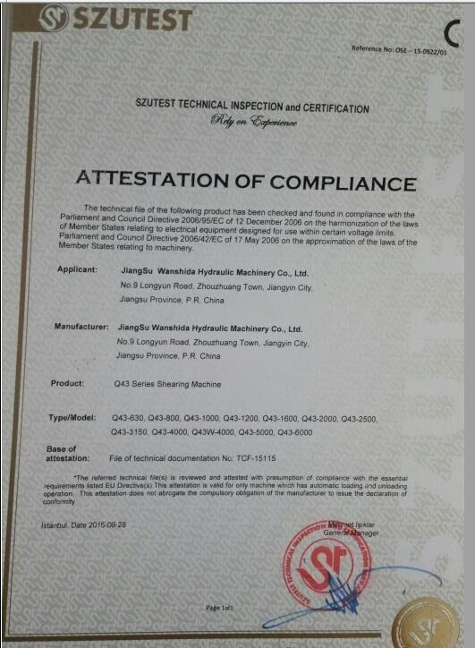 CE CERTIFICATE - Jiangsu Wanshida Hydraulic Machinery Co., Ltd.