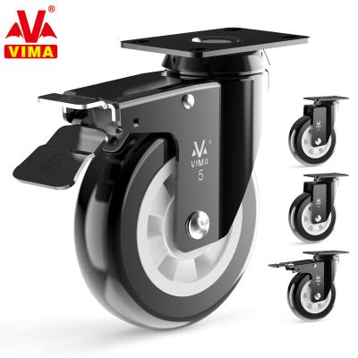 China Rigid Heavy Duty Plate Caster Wheels 5 Inch PU No Noise Polyurethane Double Ball Bearing Steels Premium Workbench Caster for sale