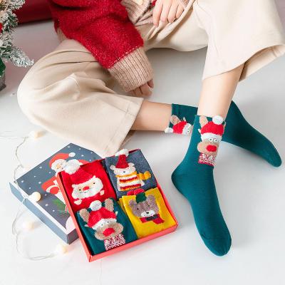 China Sporty Gift Box Four Pair Cartoon Santa Claus Cotton Socks OEM Custom Christmas Sock For Women Kids for sale