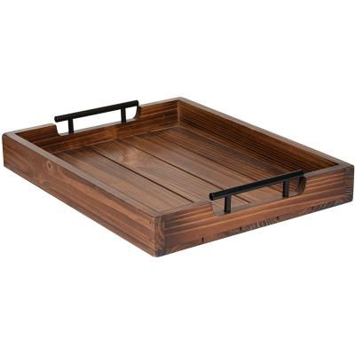 China Wholesale Custom Eco-Friendly Antique Burned Wooden Breakfast Serving Tray With Metal Handle for sale