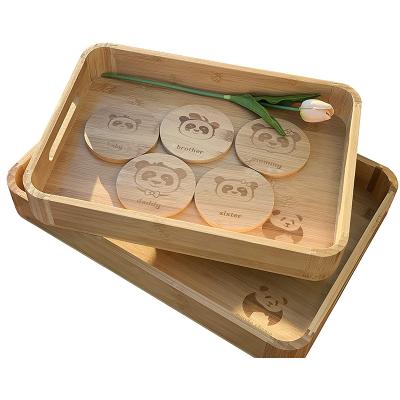 China Eco-Friendly Home Wooden Ottoman Tray 5 Cup Panda Coasters Bamboo Serving Tray Set for sale