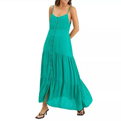 China Anti-Static Hot Selling Goods Rave Reviews Dresses Button Up Spaghetti Ties Solid Mint Fabric Tiered Crepe Maxi Dress for sale