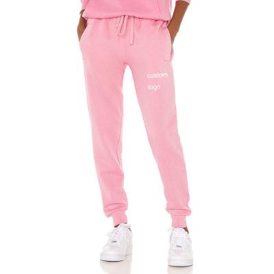 China Breathable Women Sports Logo Solid Pink Jogger Elastic Custom Waist With Pockets Rib Tapered Cuff Drawstring Side Pants for sale