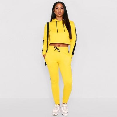 China Breathable Streetwear Fashion Yellow Tracksuit Women Crop Side Panel Pencil Jogger Contrast Drawstrings Hoodie Sweatsuit for sale