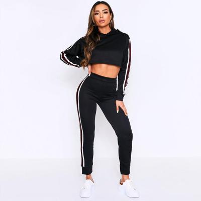 China Breathable Ribbon Side Striped Tracksuit 2 Piece Set Women Relaxed Outfits Fit No Drawstring Crop Hoodie Sweatsuit Tapered Trotter for sale