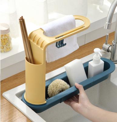 China Sustainable Kitchen Soap Holder Sponge Brush Holder With Dish Towel Drying Rack Kitchen Sink Organizer Cart for sale