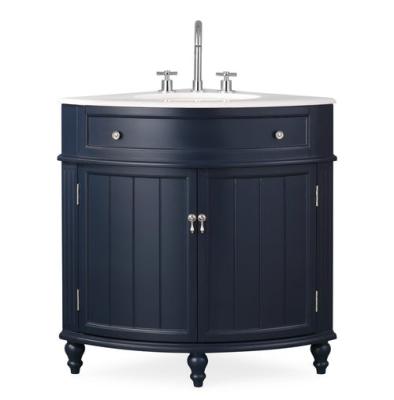 China Modern Floor Shape Navy Blue 24in Corner Bathroom Vanity With Ceramic And White Artificial Quartz Top for sale