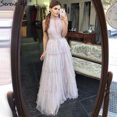 China Serene Hill Hot Sale Pink Breathable Halter Sleeveless Off The Shoulder Tulle Beading Tiered Lady Sparkle Women's Prom Dress Evening Gown LA70806 for sale