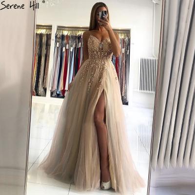 China Breathable Low Back Sexy Pink A Line Prom Dresses Serene Hill LA60963 Crystal Suspender Blue Long Evening Party Wear Dresses With Slit for sale