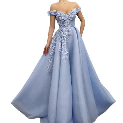 China Breathable Cheap Price Off The Shoulder Sleeveless Evening Prom Dresses Serene Hill LA60868 Blue A Line Evening Dresses With Handmade Flowers for sale