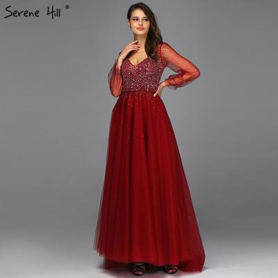 China Serene Hill Burgundy Beading Breathable Full Sheath Low V Neckline A Line Flare Prom Dresses 2021 Women Blue Evening Dresses Long LA70143 for sale