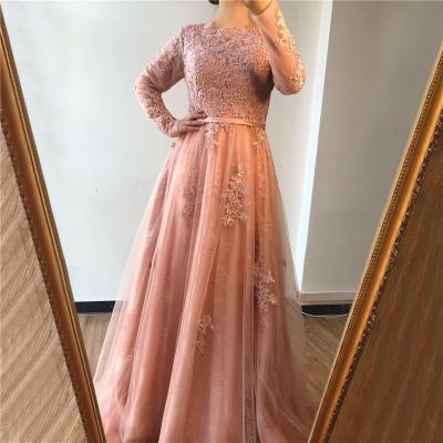 China Breathable Elegant Pink Muslim Evening Dresses 2021 Serene Hill HA2105 Full Coverage Lace Up A Line Sheath Long Party Dresses For Women for sale