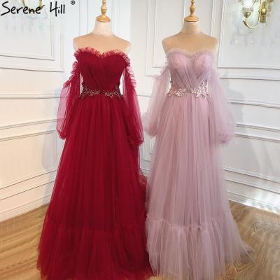 China Breathable Serene Hill Burgundy Pink Puff Sleeves Lace Up Simple Sexy Long Women 2021 Lady Prom Dresses For Party Evening Gowns HA2443 for sale