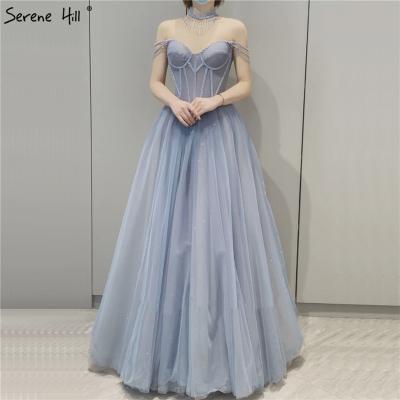 China Breathable Beading Blue Off Shoulder Simple Formal Dress One Shoulder Prom Long 2020 Evening Dresses With Neck Chain Serene Hill LA70470 for sale