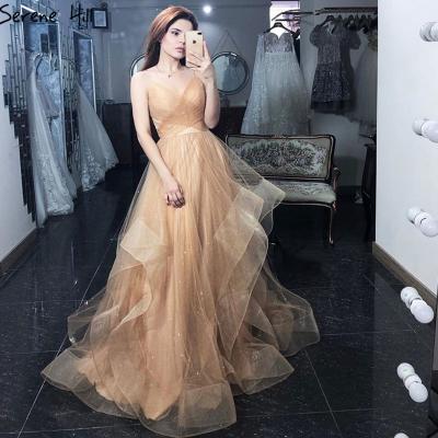 China Serene Hill Gold Breathable Simple Sexy Tiered V Neck A Line Prom Dresses Party Use Even Elegant Dresses For Women LA60816 for sale