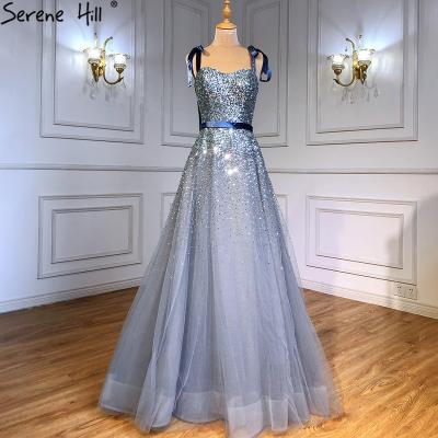 China Breathable Gray Blue Beaded Spaghetti Strap A Line Prom Dresses Serene Hill 2022 LA70888 Lace Up Back Party Dresses For Girls for sale