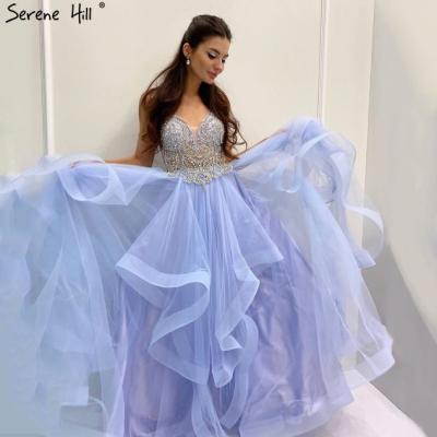 China Breathable Blue Beading V-Neckline Sexy Backless Puffy Prom Dresses Serene Hill Strap A Line Ball Gown Girls Party Dresses LA70149 for sale