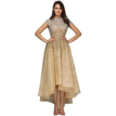 China Breathable Gold Cap Sheaths Luxury Beaded Evening Dress Serene Hill LA60757 High Low Formal Party Dresses For Women for sale