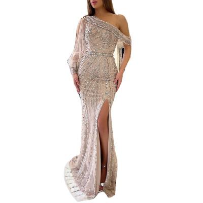 China Serene Hill LA70258 Breathable Nude Beaded Women's Formal Dinner Dresses One Shoulder Evening Party Gowns With Slit for sale