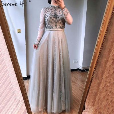 China Serene Hill Muslim Luxury Gray Breathable Evening Dresses Dresses 2021 A Line Diamond Beading For Women Party LA70569 for sale