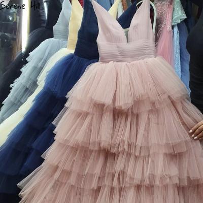 China Sexy Low Cut Breathable V-Neck Pink Wedding Party Dresses 2021 Serene Hill Tiered European Bridal Ball Gowns HA2446 With Long Train for sale