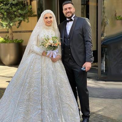 China Luxury Muslim Wedding Dresses Serene Hill HA2477 Long Size Breathable Ivory High Neck Sleeves Wedding Gowns Customized for sale