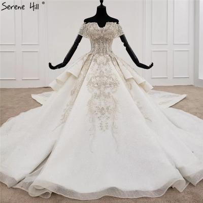 China Breathable Beige Off The Shoulder Serene Hill HX0047 Handmade Luxury Beaded Bridal Gowns Wedding Dresses With 2 Meters Long Train for sale