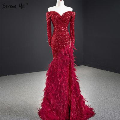 China Sexy Serene Hill Red Off Shoulder Breathable Mermaid Dubai Wedding Party Dresses Long Sequin Feather Sheath Formal Dress HM67125 for sale