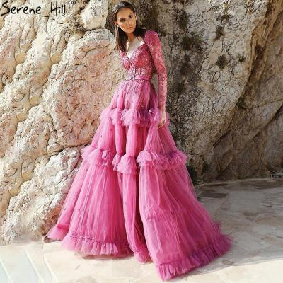 China Serene Hill Muslim Rose Red breathable sheath long beading fashion evening dresses 2021 a line tiered style girls party dresses LA70986 for sale