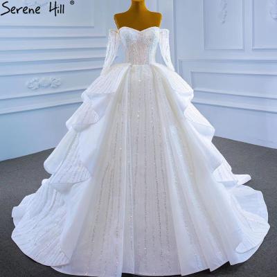 China Breathable White Off Shoulder Sleeve Wedding Dresses 2022 Serene Hill Luxury High Quality Lace Wear Long Back Bridal Gowns HM67241 for sale