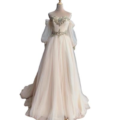 China Simple Breathable Detachable Champagne Puff Sleeves Wedding Dresses 2021 Strapless Bridal Gowns Serene Hill HA2329 for sale