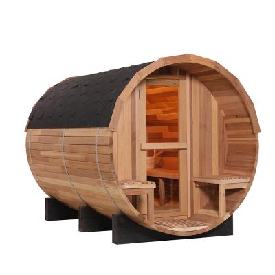 China Traditional Red Cedar 4 People Outdoor Barrel Sauna Room Sauna Room With Sauna Heater Good Price for sale