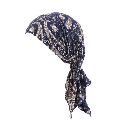 China New Multifunctional Muslim Women Print Cancer Pre-tied Chemo Headwear Head Wrap Turban Hat for sale