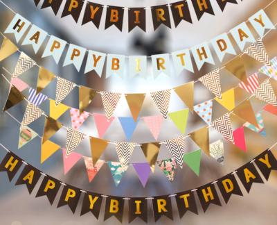 China Metallic Metallic Flags Happy Birthday Letter Paper Banner Gold Shining Black and Bunting Pennant Birthday Party Decoration Set for sale