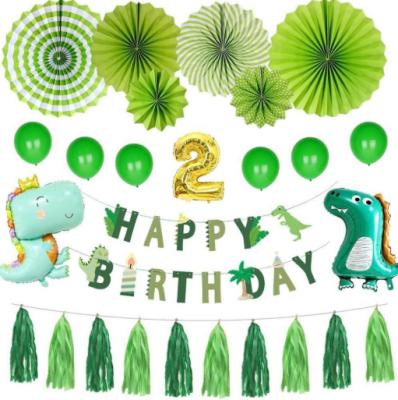 China Bright Cartoon Dinosaur Balloon Theme Party Supplies Flower Set Decoration Fan Paper Flag Tassels Child Birthday Backdrop Decor for sale