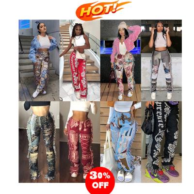 China Anti-pilling New 2021 Autumn Fashion Color Pattern Velvet Pants Women Fringe Tassel Casual Pants With Graffiti Streetwear for sale