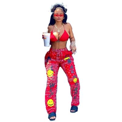 China Women's Pants Anti-wrinkle Letter Print Fashion Ladies Casual Smiling Harem Pants Red Printed Red Harem Pants for sale