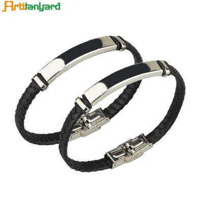 China Wholesale Custom Engravable Men's Hiphop Cuff Hand PU Leather Bracelet for sale