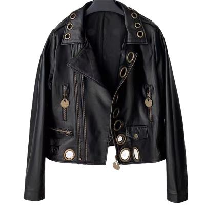 China Women's Leather Jacket Windproof Thin Lapel Coat Motorcycle Short Hollowout Sheepskin Leather Jacket for sale