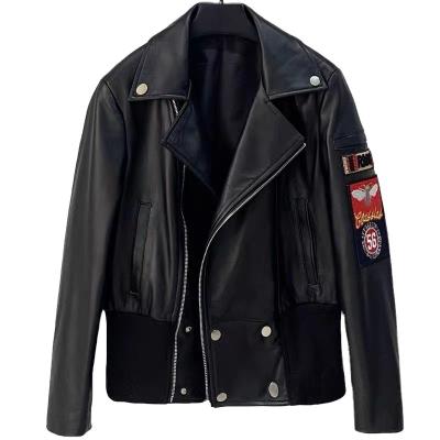 China Windproof Leather Jacket Women's Shorts Embroidered Leather Jacket Sheepskin Badge Motorcycle Casual Coat for sale